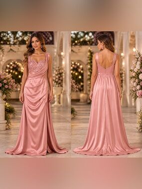 Satin Rose Pink Maxi Dress with Embellished Sweetheart Bodice